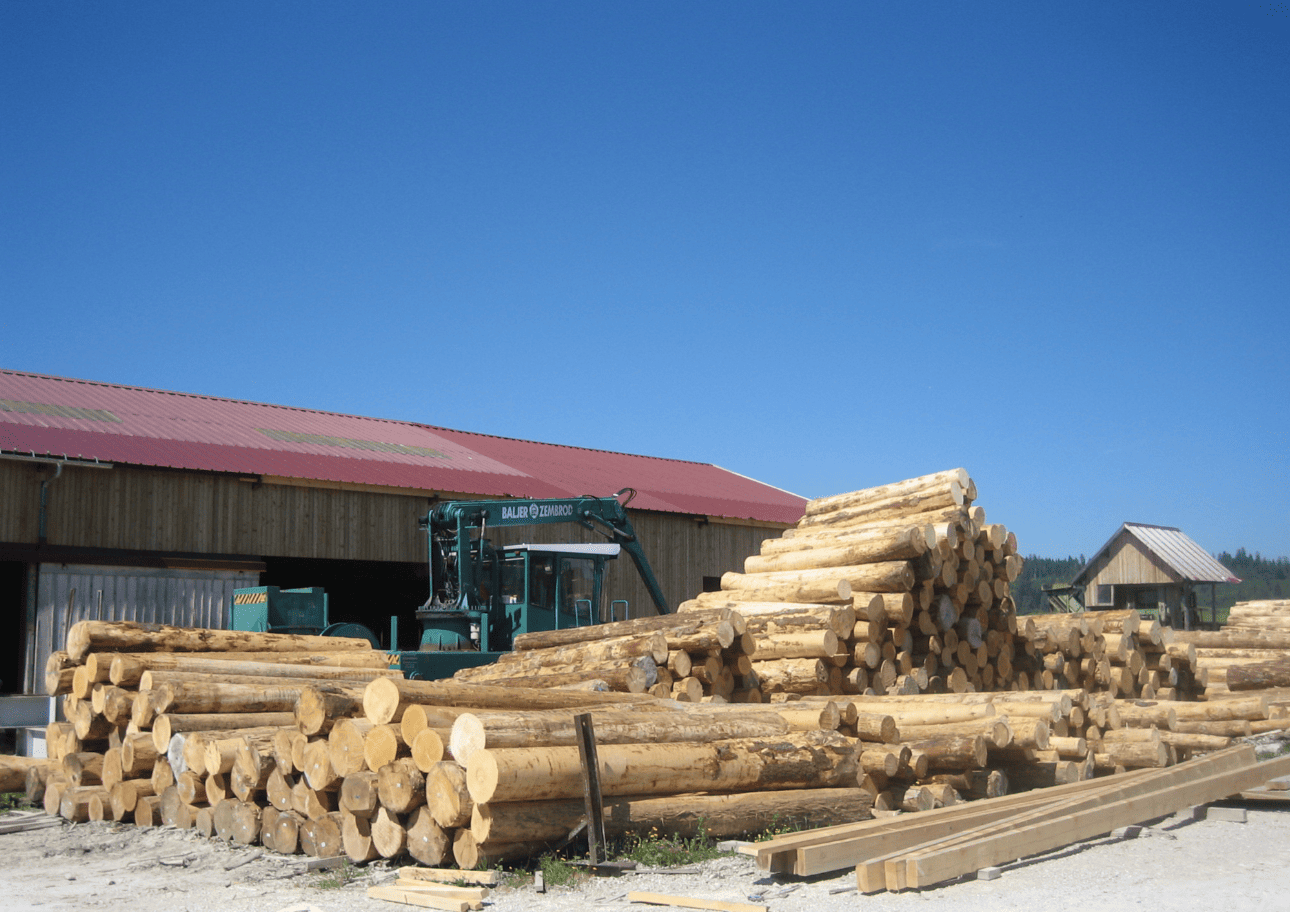 Fenêtre en pin lamellé collé Scierie Renaud Fenêtre en pin lamellé collé - Scierie Renaud avec troncs d'arbres élagués et rangé au premier plan